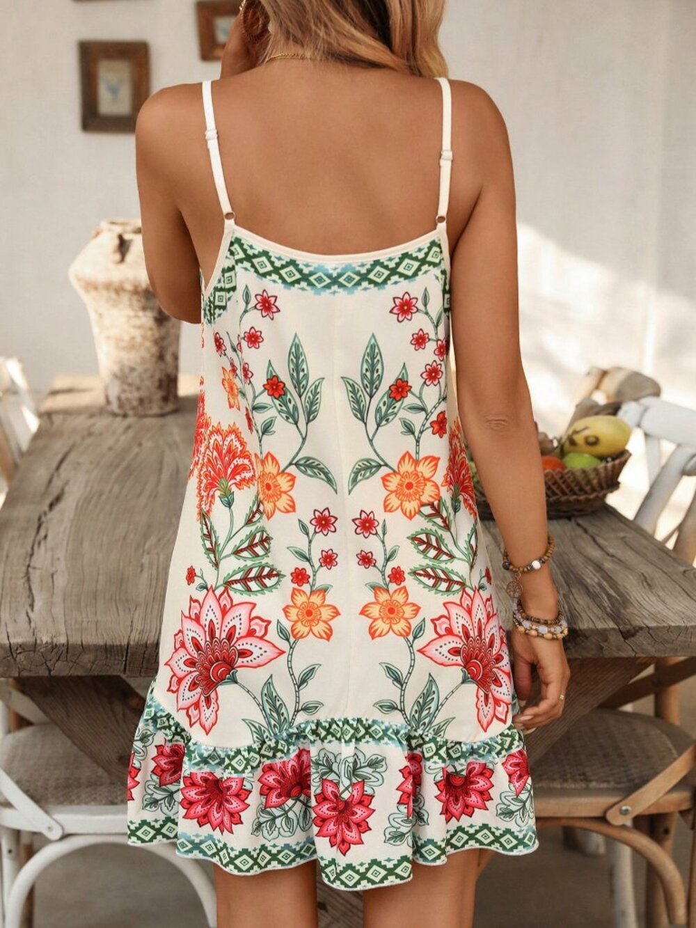 Multicolor Boho Women's Adjustable Strap Printed Patchwork Women's Dress - Picture 2 of 5